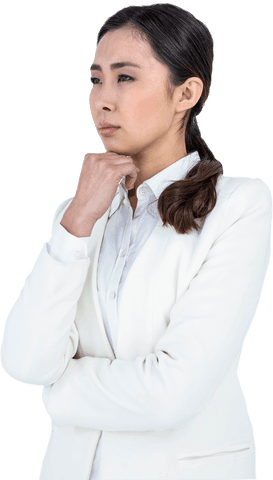Serious Asian Businesswoman Pondering on Transparent Background