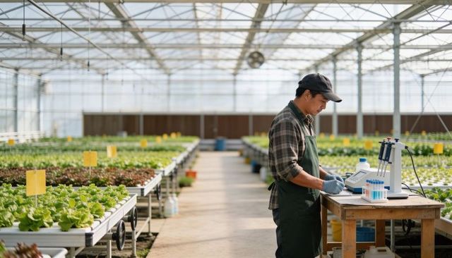 Greenhouse technician testing hydroponic nutrient samples at lab bench in glasshouse