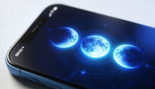 Smartphone showing glowing triple moon orbital interface with futuristic blue ui