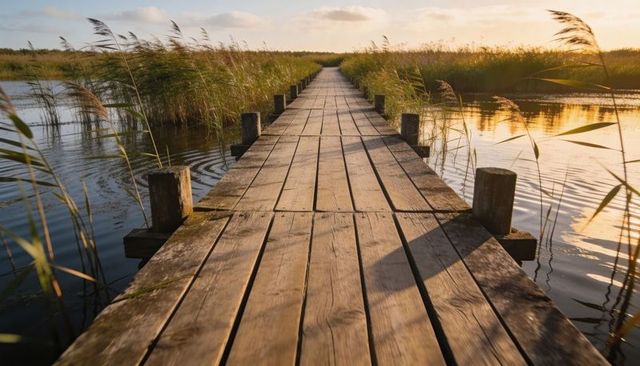 Wooden boardwalk leading through tranquil marsh at golden hour with reed reflections