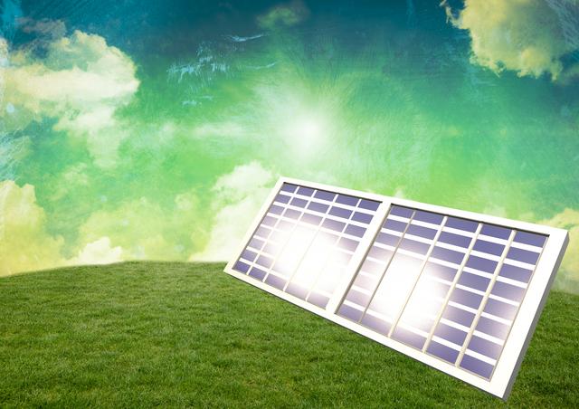 Solar panels on green grass under a radiant, partly cloudy sky convey sustainable energy. Useful for promoting renewable energy, environmentalism, and clean technology initiatives.