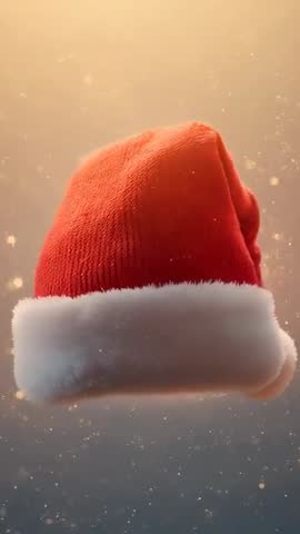 Tilting Santa Hat Looping Vertical Video with Gold Bokeh and Soft Falling Snow