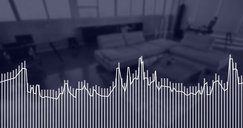 Digital financial data visualizations overlaying modern office space