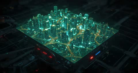 Futuristic Cyber City Model with Neon Elements Turning Over Tech Grid