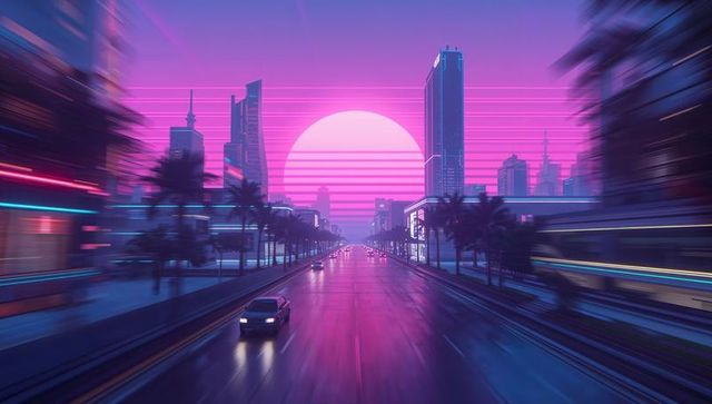 Futuristic Neon Cyberpunk Cityscape with Cruising Cars