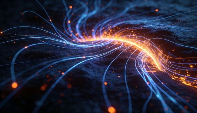 Swirling neon energy vortex with blue and orange light trails and glowing particle flow