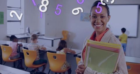 Smiling teacher holding colorful folders, welcoming students in playful math classroom