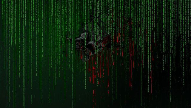 Cyberpunk Skull of Falling Green Matrix Code with Red Drips and Metallic Fragments