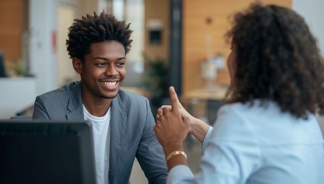 Smiling young professional listening during collaborative office meeting in workplace