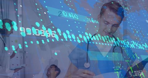 Health Professional Analyzing Reports with Digital Data Overlay