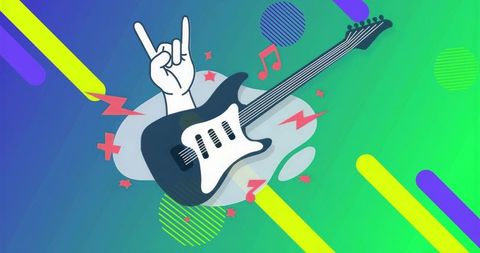 Electric Guitar Rocking with Hand Gesture and Lightning in Neon Pop Music Illustration