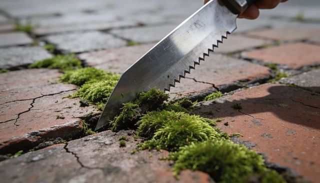 Scraping moss from brick joints with serrated knife removing green growth from pavers