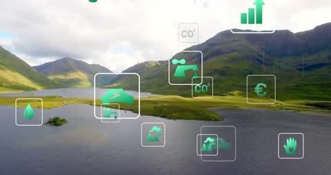Futuristic Green Energy and Ecology Data Over Serene Lake