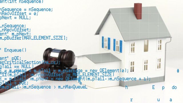 Conveys intersection of technology and legal system, useful for real estate legal services, tech and law articles, property litigation, digital auctions, and software and programming in judiciary. Symbolizes modern technology's role in property laws and authority.