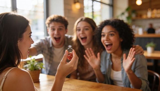 Woman presenting engagement ring at cafe while friends cheering in joyful surprise