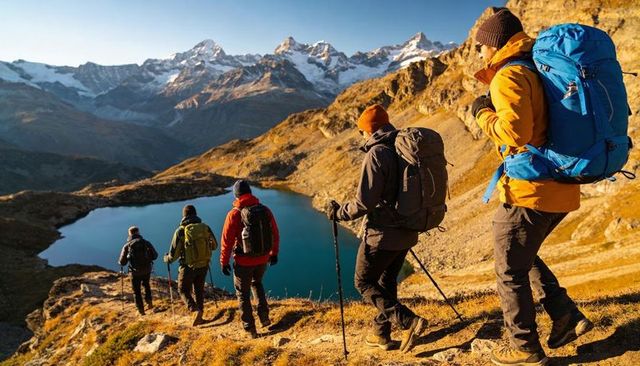 Descending hikers trekking alpine ridge toward mountain lake at sunrise carrying backpacks