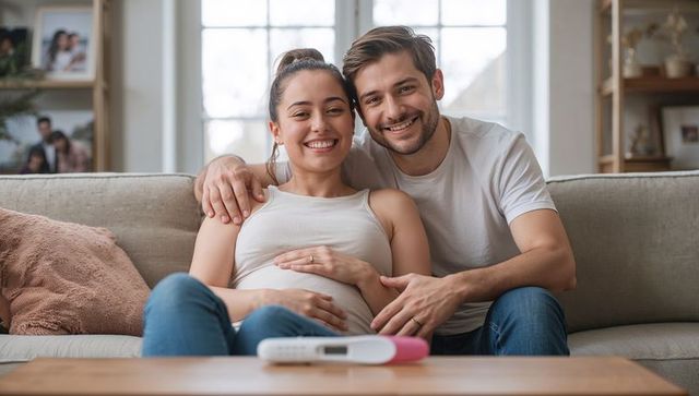 Smiling expecting couple embracing on couch with positive pregnancy test on table