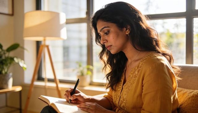 Sunlit woman writing in journal on sofa by window, mindful studying and journaling at home