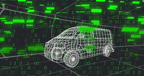 Visualizing autonomous vehicle digital twin with wireframe suv and neon binary streams