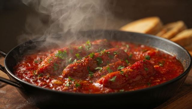 Sizzling stuffed peppers simmering in rustic tomato sauce in cast iron skillet
