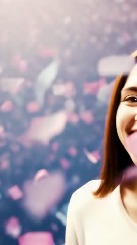 Reacting to drifting confetti and revealing joyful smile in vertical celebration video