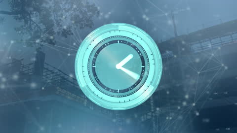 High-Tech Digital Clock Overlay on Futuristic Cityscape