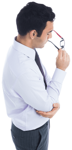 Worried biracial businessman holding glasses on transparent background