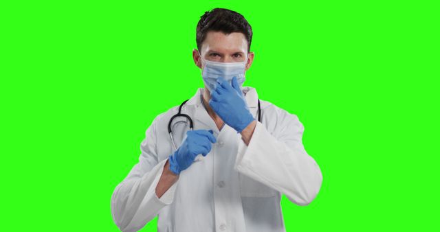 Doctor using green screen as background while adjusting face mask and wearing surgical gloves. This image is useful for illustrations related to healthcare, pandemic safety, hygiene standards, medical staff protection, instructional materials, and editorials focusing on healthcare professionals' daily routines.