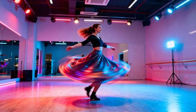 Spinning dancer in neon-lit studio wearing flowing metallic skirt and cropped top