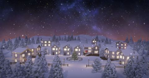 Snowy Village with Tree and Illuminated Houses Under Snowfall