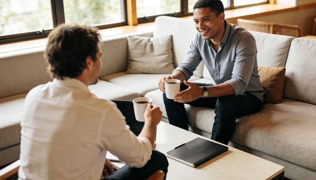 Two colleagues chatting over coffee in modern office lounge during casual meeting