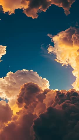 Rising camera revealing towering cumulus clouds framing deep blue sky with golden rimlight