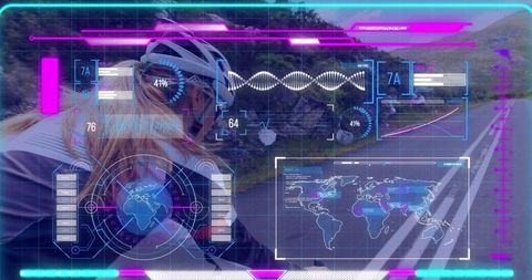 Cyclist on Mountain Road with Futuristic HUD Overlay