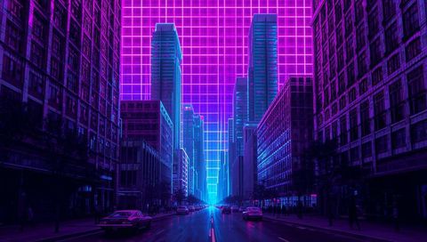 Neon Grid Avenue Leading Toward Futuristic Horizon in Cyberpunk Downtown Nightscape