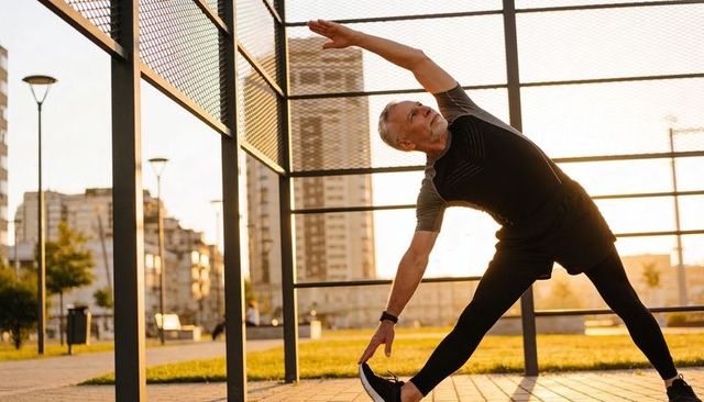 Senior man performing side stretch in urban plaza during golden hour