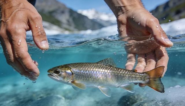 Hands releasing silvery trout into turquoise alpine stream with mountain background