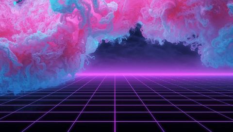 Neon retro grid vanishing into magenta horizon with billowing cyan-pink vapor synthwave cinematic