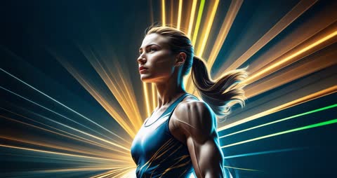 Female Athlete in Dynamic Light Display, Epitome of Strength and Power