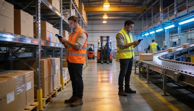 Warehouse team scanning inventory on shelves and conveyor for efficient logistics
