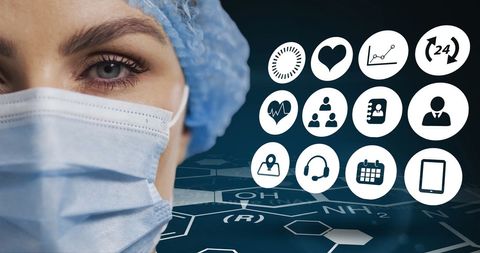 Surgeon's Face with Medical Icons Illustrating Technology in Healthcare