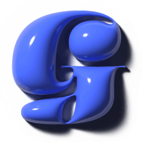 Glossy cerulean 3d glyph g on transparent background, polished liquid ceramic sculpture