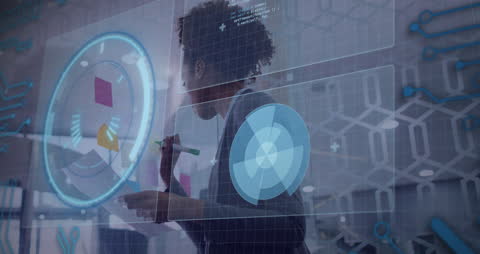 Businesswoman Analyzing Data on Digital Interface Screens