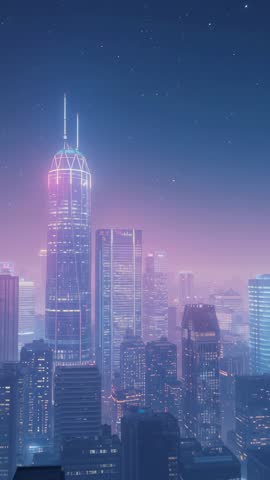 Glowing neon skyscraper towering over futuristic city skyline at dusk vertical video