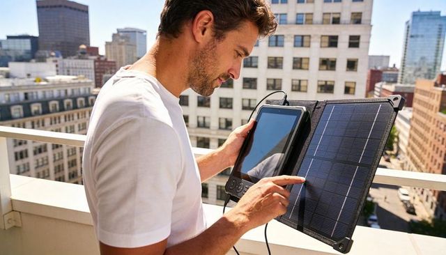 Man testing portable foldable solar panel with tablet on city rooftop balcony