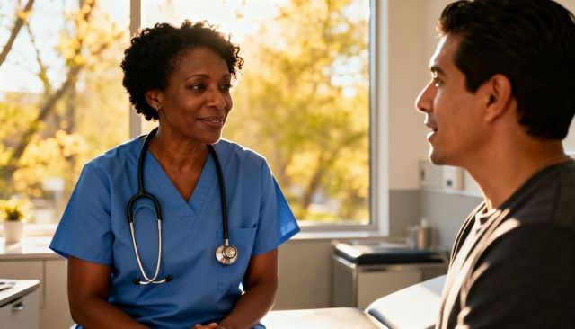 Nurse consulting patient in sunlit clinic wearing blue scrubs and stethoscope, heartfelt conversatio