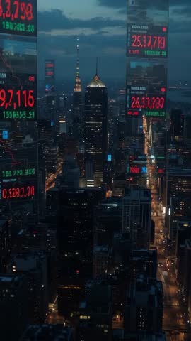 Vertical Midtown skyline revealing twilight with glowing financial tickers and tech towers