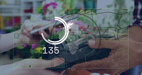 Making contactless payment at florist counter with smartphone, wallet and hud interface