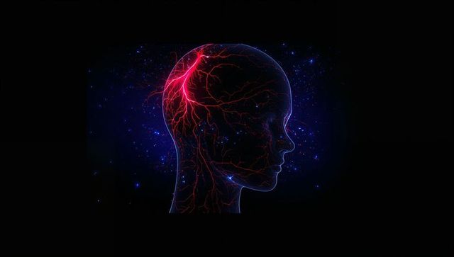 Glowing neon head silhouette showing red neural network against cosmic blue starfield