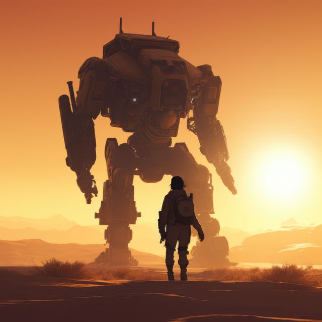 Mecha giant robot over desert at sunset, created using generative ai technology. Mecha, science fiction and machines concept digitally generated image.