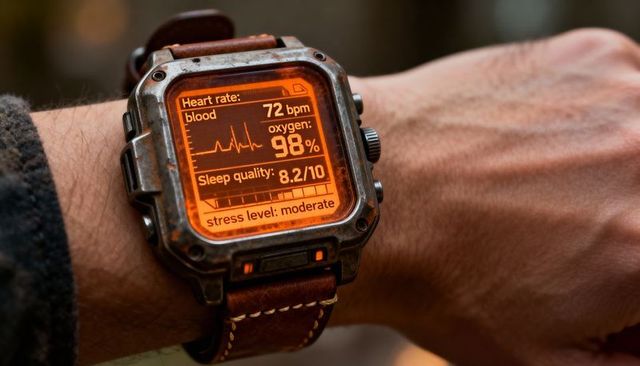Rugged leather-strap smartwatch showing orange health metrics on male wrist outdoors